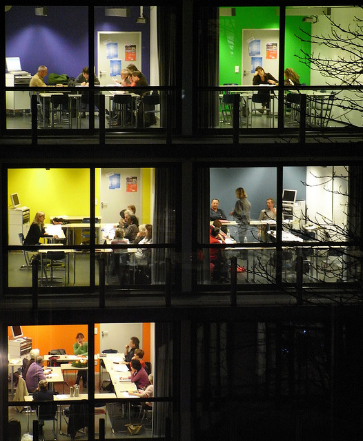 People working in multi-story building
