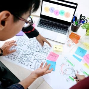 Two people looking at a business plan discussing next steps.
