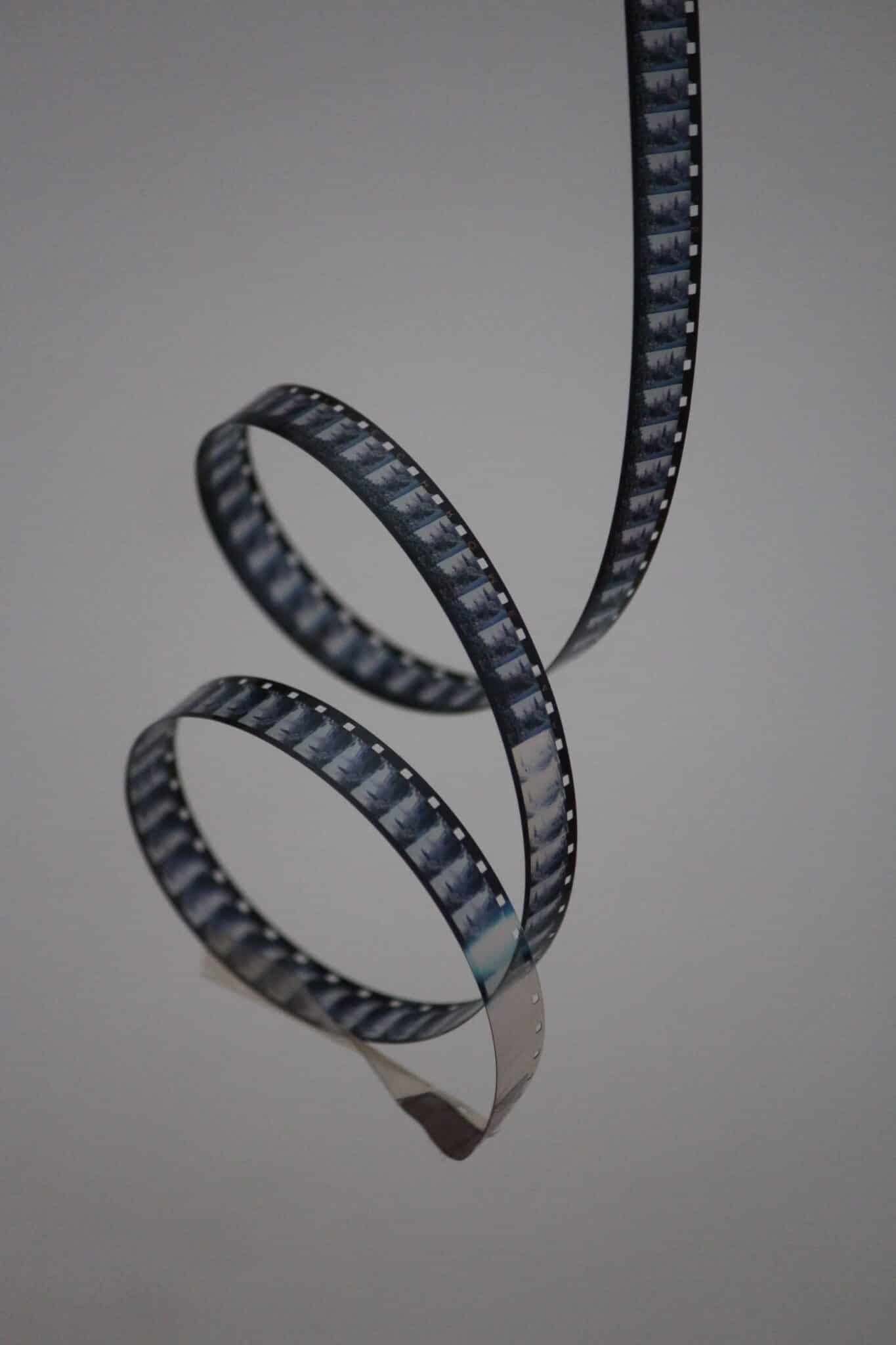 A roll of film hanging in the air.
