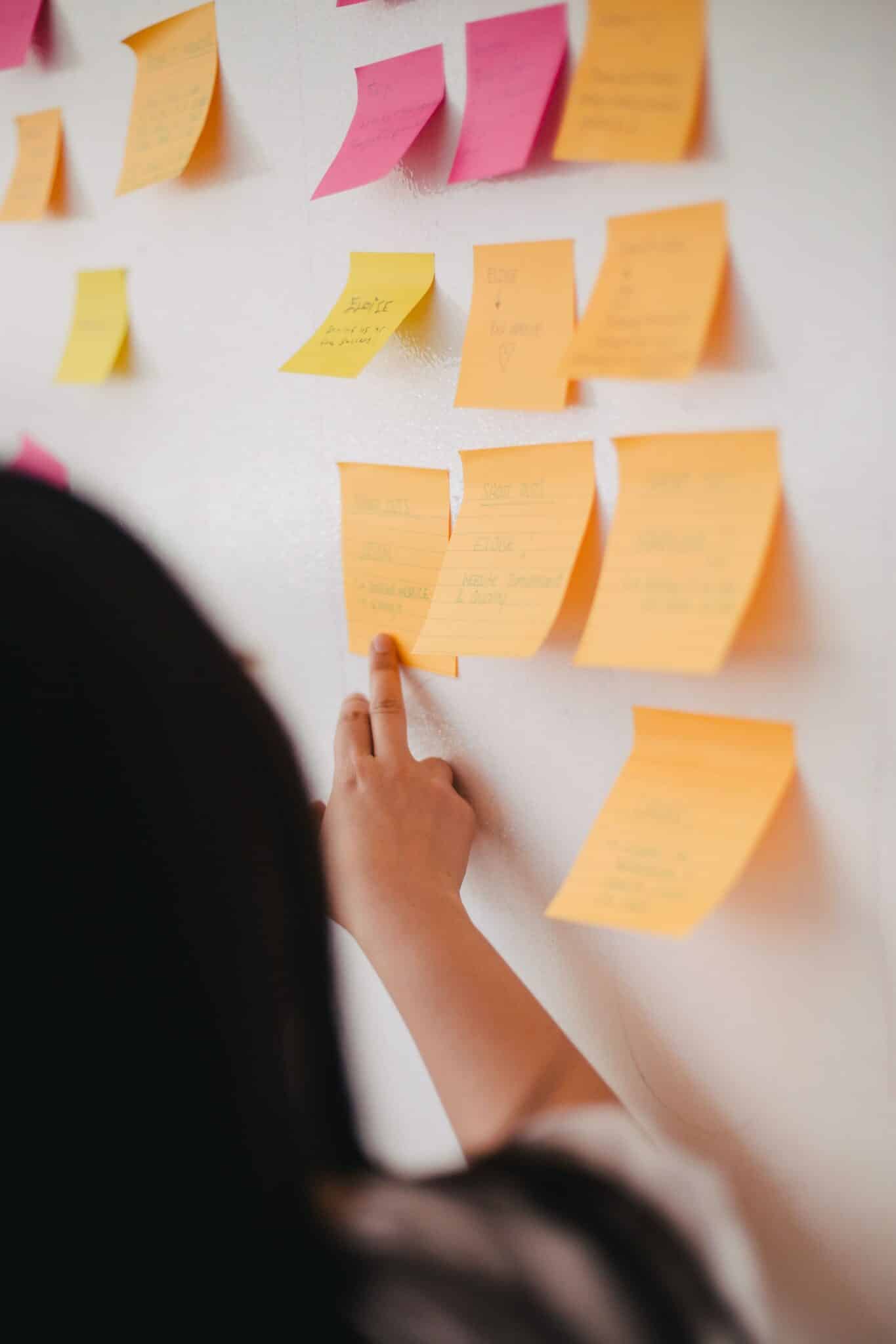 Post-it notes on a white board, with a woman standing in front of them pointing at one.