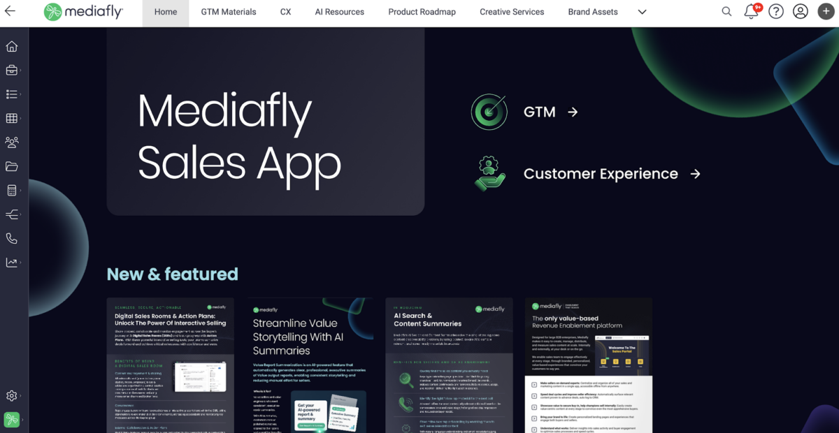 Mediafly Sales App dashboard with GTM, customer experience, and featured sales enablement resources